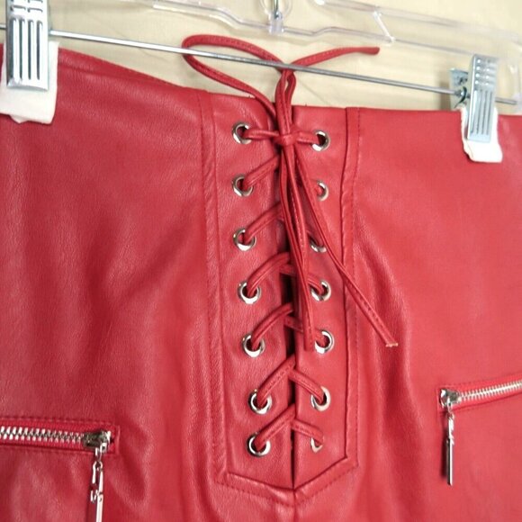 NWT Edge Street Red Faux Leather Mini Skirt Zippers Lace Up Vegan Women's XS - Picture 2 of 8